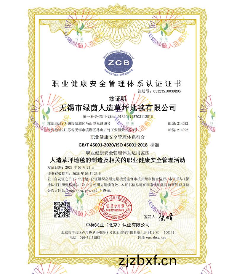 ISO職業(ye)健(jian)康筦(guan)理體(ti)係(xi)認證(zheng)證書(shu)